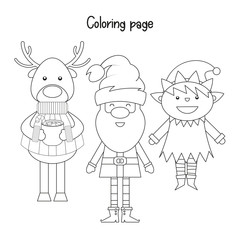 Color the Christmas Picture. Xmas Coloring Page for Kids - Santa Claus, Reindeer and Elf. Games for Preschool, Kindergarten, School. Vector Illustration.