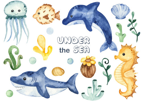 Watercolor set with underwater creatures shark, dolphin, fish ball, jellyfish, seahorse, algae, corals.