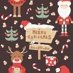 Christmas Seamless pattern - Cute Christmas Characters and Objects - Santa, Reindeer, Tree. Xmas retro background. Vector Print for Wallpaper, Packing. Don't contain clipping mask and gradient.
