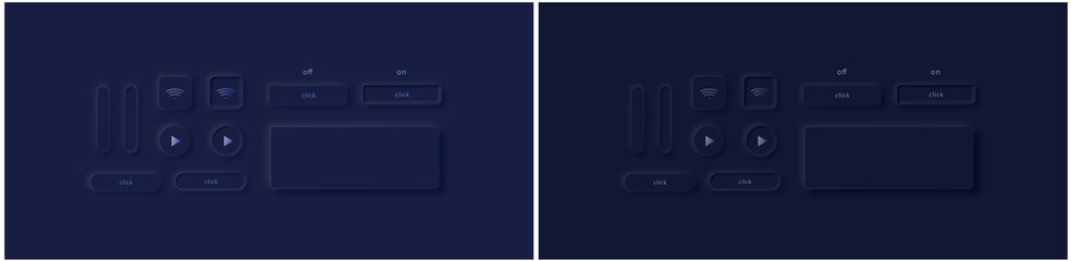 Vector set of different buttons in neumorphic/skeuomorphism style. Dark blue and navy color version. Ui template. All elements are isolated