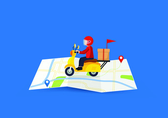 Order delivery online. Shipment tracking system mobile delivery man motorcycle fast shipping urban landscape.