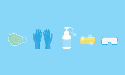 Personal protection equipment - medical mask, latex gloves, soap, dispenser, protective glasses. Coronavirus, covid 19 prevention items.
