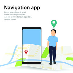 Navigation app. Mobile application with map route for food or package delivery service.