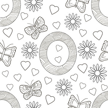 Letter O with flowers, leaves and butterflies. Seamless pattern. Coloring page.