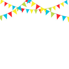 Multi-colored paper garland for 
holiday decorations. Bright triangular flags on a rope for clip art card on 
birthday parthy. Children's craft and kids style illustration in flat style. 