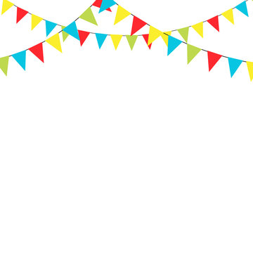 Multi-colored paper garland for 
holiday decorations. Bright triangular flags on a rope for clip art card on 
birthday parthy. Children's craft and kids style illustration in flat style. 