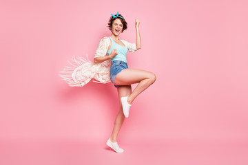 Fototapeta na wymiar Full length body size of her she nice attractive lovely glad overjoyed lucky cheerful cheery slim girl having fun rejoicing isolated on pink pastel color background
