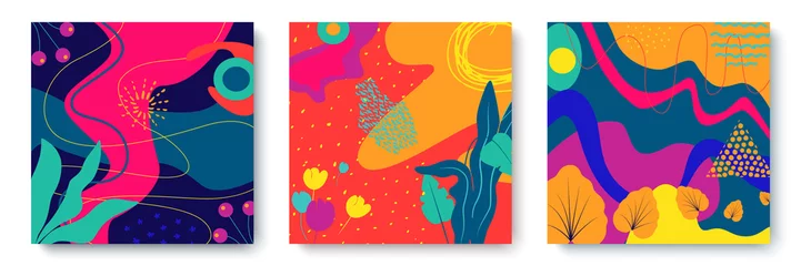 Satz helle abstrakte Karten mit tropischen Blättern. Kreative Kritzeleien in verschiedenen Formen und Texturen. Vektorillustration ideal für Drucke, Flyer, Banner, Karten, Einladungen. © Liliya