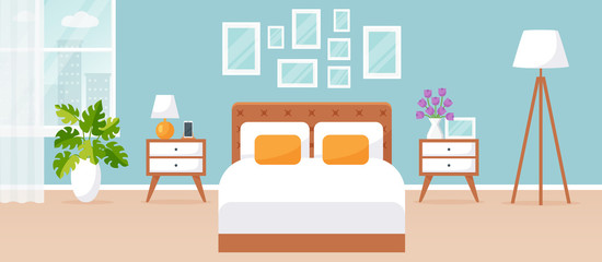 Bedroom interior. Vector illustration with double bed. Flat design.
