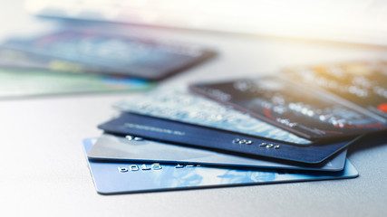 Many credit or debit bank cards - obrazy, fototapety, plakaty