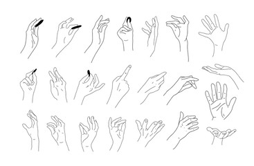 Big set of realistic hand sketches. Linear drawings of hands, fingers and palms. Elements for design. Hands hold, give, touch. Vector doodle illustration