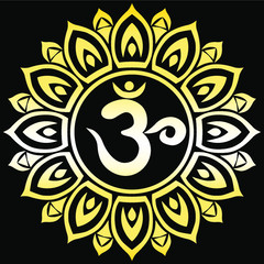 Golden lotus flower with the syllable om in the center on a black background.