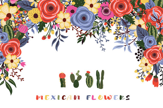 A Vector of a Mexican fiesta flowers with cactus design