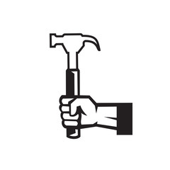 Black and White icon Illustration of an American carpenter or handyman hand holding a hammer viewed from the side on isolated white background done in retro style. 
