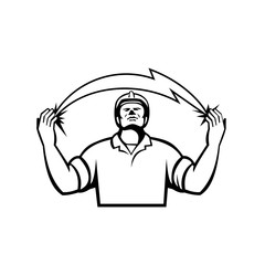 Black and White Illustration of an electrician looking up and hands raised with lightning bolt coming out from hands viewed from the front set on isolated white background done in retro style. 