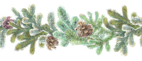 Watercolor graphics isolated on white background ribbon border pattern of green spruce pine branches with cones for the festive Christmas New Year decoration and decoration of greetings and cards