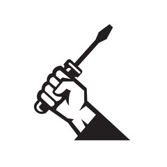 Black and White icon Illustration of an American repairman, electrician or handyman hand holding a screwdriver viewed from side on isolated white background done in retro style. 