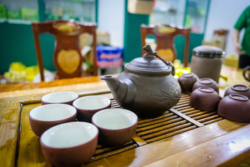 typical Vietnamese food and regional healthy dishes with green tea serving set