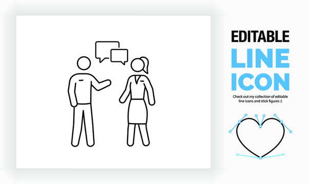 Editable Line Icon Of Two People Meeting In A Networking Event, Part Of A Huge Set Of Editable Line Icons And Stick Figures!