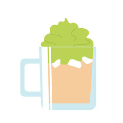 Cooling drink in a glass Cup. Cream of green tea matcha with ice in a glass. Cartoon organic food. Vector element isolated on a white background. Colorful illustration.