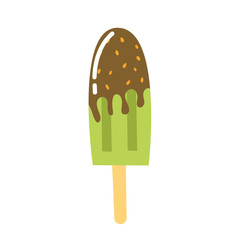 Organic ice cream with chocolate topping on a wooden stick. Delicious summer dessert with matcha green tea. Vector element isolated on a white background. Colorful hand-drawn illustration.