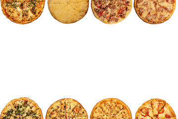 set of pizzas isolated on white background.