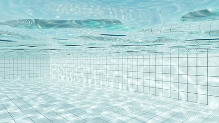 View of under water in white tiles swimming pool, with bright light shines into water and make the caustic light shimmering on side of the pool. 3D Illustration. - 351179139