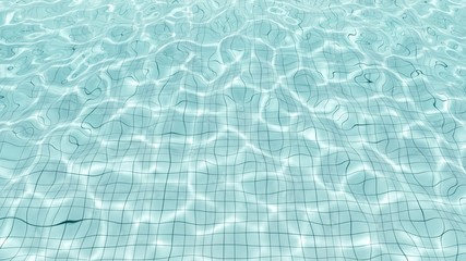 Top view of water rippled in white tiles swimming pool, with bright light shines into water and make the caustic light shimmering on bottom of the pool. 3D Illustration. - 351179149