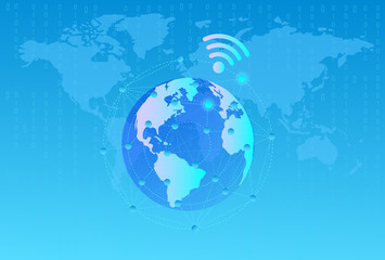 Planet Earth view from space with continents outlines abstract background. Globalization, connection concept. Low poly wireframe, lines and dots glowing design. Vector illustration