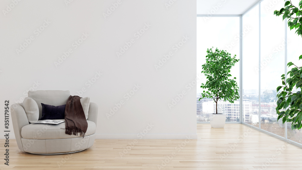 Wall mural Large luxury modern minimal bright interiors room mockup illustration 3D rendering