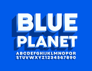 Fototapeta na wymiar Vector modern sign Blue Planet with 3D Font. Set of minimal style Alphabet Letters and Numbers