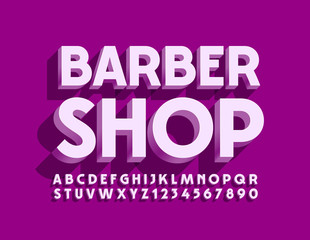 Vector violet banner Barber Shop. Modern 3D Font. Minimalist Alphabet Letters and Numbers
