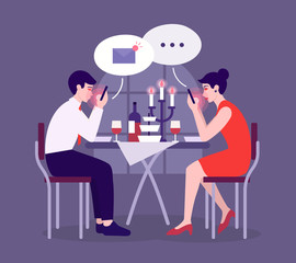 Modern romantic dinner of couple. Young people on date looking in smartphones. Sit together at table, side view. Smartphone or Social media addiction, Internet addiction disorder - vector illustration