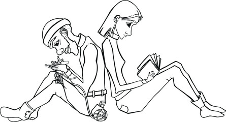 Lady reading and gentleman knitting on the carpet with a dog