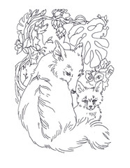 graphics illustration ink linear drawing coloring book with loving tender family mom and young little fox dog wild child in the jungle forest trunks shoots plants overgrown leaves flowers white 
