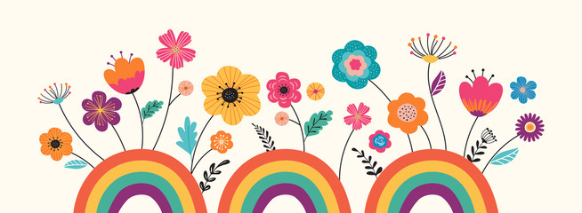 Bonjour été, conception de bannière avec des fleurs et des arcs-en-ciel. Illustration vectorielle