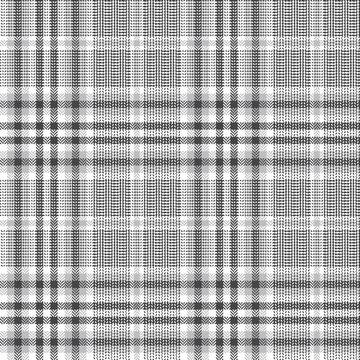 Glen check plaid pattern vector in grey and white. Seamless hounds tooth tartan plaid texture for jacket, skirt, trousers, blanket, or other modern autumn or winter tweed textile design.