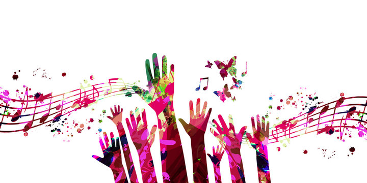 Music background with colorful music notes and hands vector illustration design. Artistic music festival poster, live concert events, party flyer, music notes signs and symbols with crowd of people
