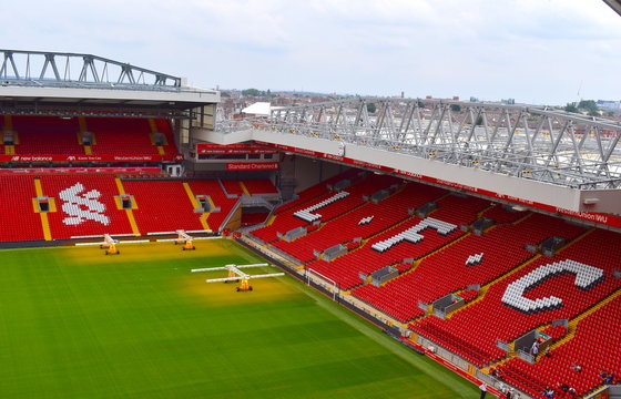 Anfield Liverpool football club underwent several developments in the late 19th and early 20th century in Liverpool, UK on August 3, 2019 among which a construction of new main stand and the Spion Kop