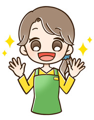 エプロンの女性　笑顔　両手をあげる