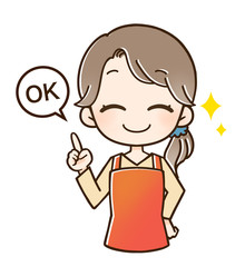 エプロンの女性 指さし OK
