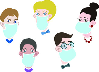 Obraz na płótnie Canvas Vector set of human faces wearing medical masks. Vector flat design illustrations isolated on white background.