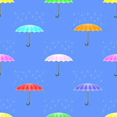 Seamless pattern with clipping mask. Multicolored umbrellas with drops of rain staggered