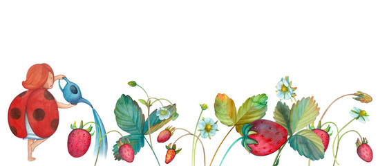 Watercolor floral border with forest strawberries and  Fairy ladybug pouring strawberry into a straw. For invitations, cards and poster Bright floral berry natural decor © Светлана Воротняк
