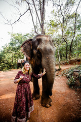 beautiful girl next to an elephant - 351182188
