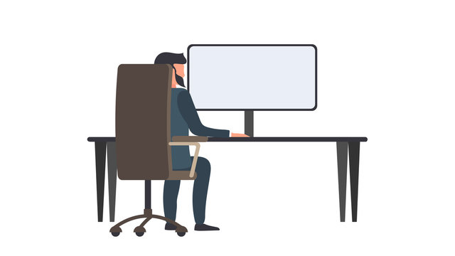 A man works on a computer. A man sits at a desk looking from the back. Isolated. Vector.