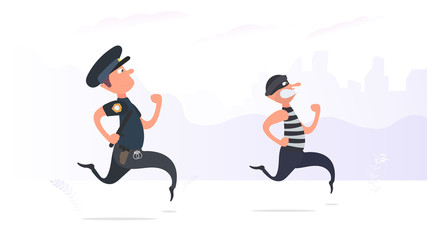 A policeman runs after a thief. The criminal escapes from the policeman.  Cartoon style. Vector.