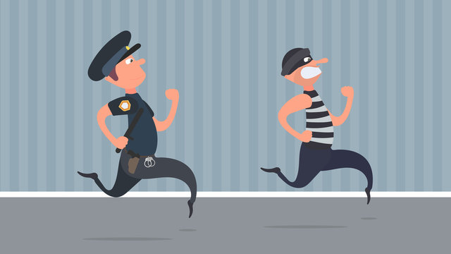 A policeman runs after a thief. The criminal escapes from the policeman.  Cartoon style. Vector.