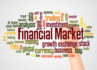 Financial Market word cloud and hand with marker concept