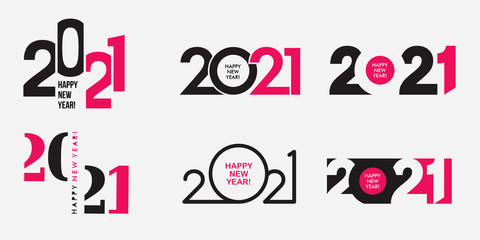 Big Set of 2021 Happy New Year logo text design. 2021 number design template. Collection of 2021 happy new year symbols. Vector illustration with black and pink labels isolated on white background. 